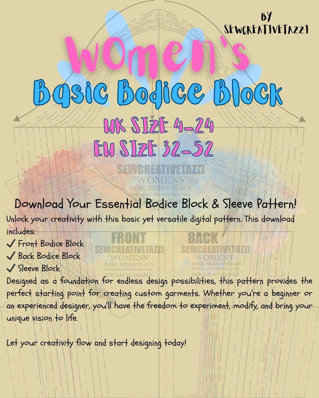 Basic Bodice Block PDF Sewing Pattern – Sizes 4-24